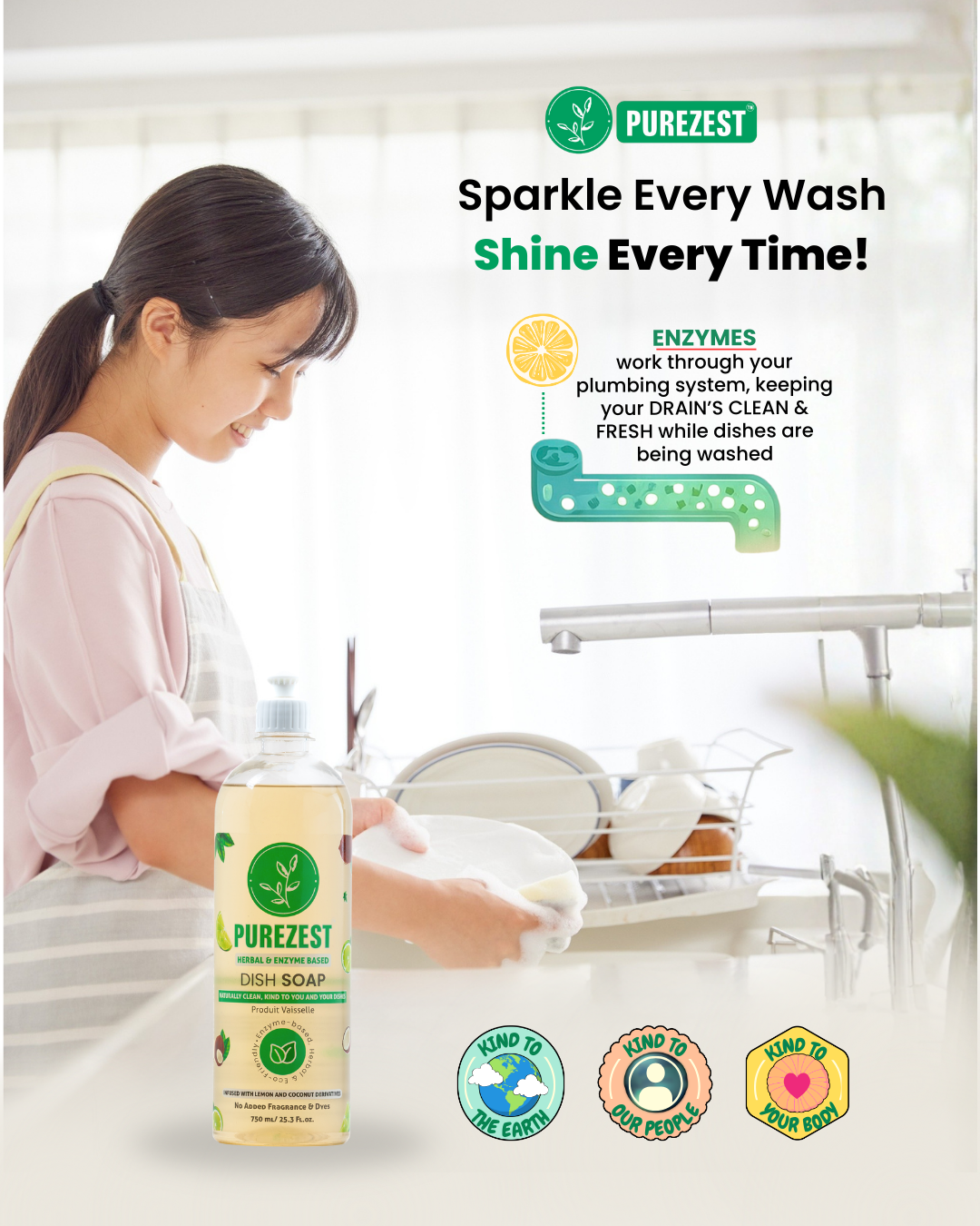 PUREZEST Enzyme Dish Soap – Natural, Eco-Friendly, Tough on Grease & Keeps Drains Fresh (750ml)