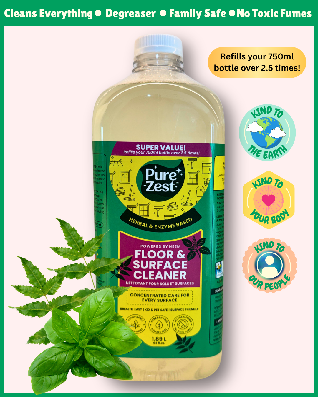 PUREZEST Floor & Surface Cleaner Refill – 1.9L Bulk Value Pack | Enzyme-Based, Plant-Powered, Streak-Free Clean for Floors & Hard Surfaces