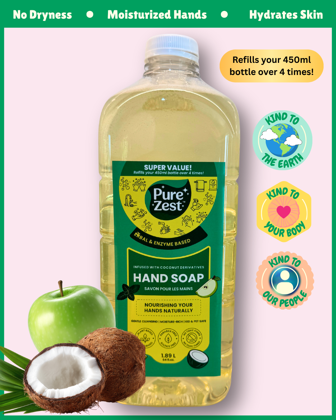PUREZEST Hand Soap Refill – 1.89L Bulk Value Pack | Enzyme-Based, Coconut-Derived, Gentle & Kid/Pet Safe