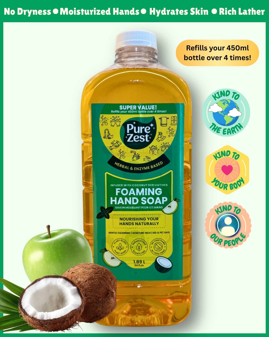 PUREZEST Foaming Hand Soap Refill – 1.89L Bulk Value Pack | Plant-Based, Coconut-Derived, Kid & Pet Safe