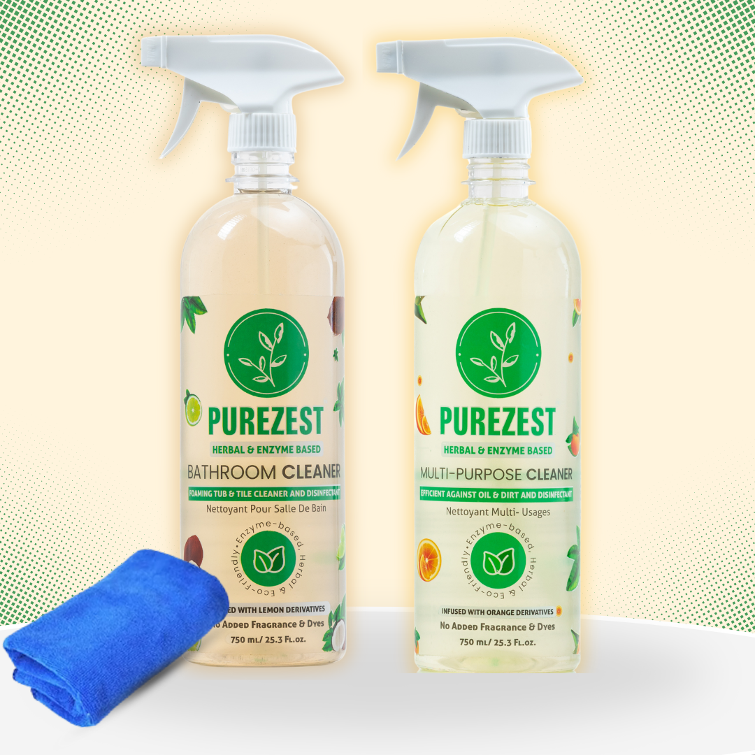 PUREZEST 5-Minute Bathroom Reset Kit | Natural Enzyme Cleaners + Microfiber Cloth Bundle