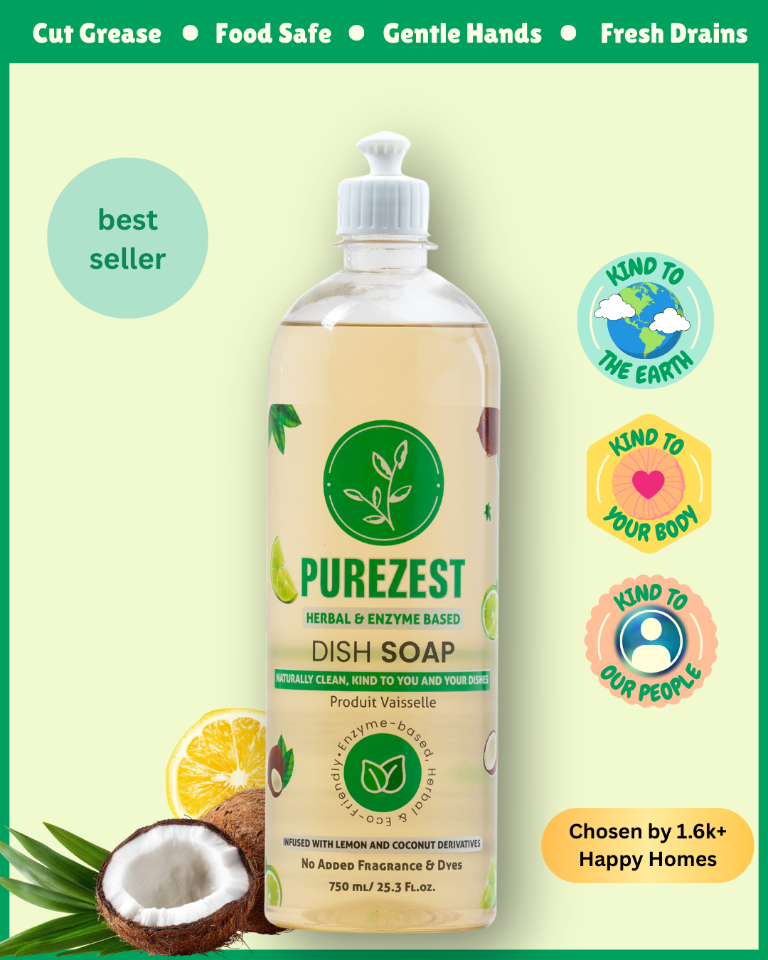 750ml bottle of PUREZEST Herbal & Enzyme Based Dish Soap. Natural, eco-friendly dishwashing liquid displayed with fresh coconut and lemon. Features a 'best seller' badge and text highlighting it cuts grease, is food safe, gentle on hands, keeps drains fresh, and includes 'Chosen by 1.6k+ Happy Homes' trust badges.