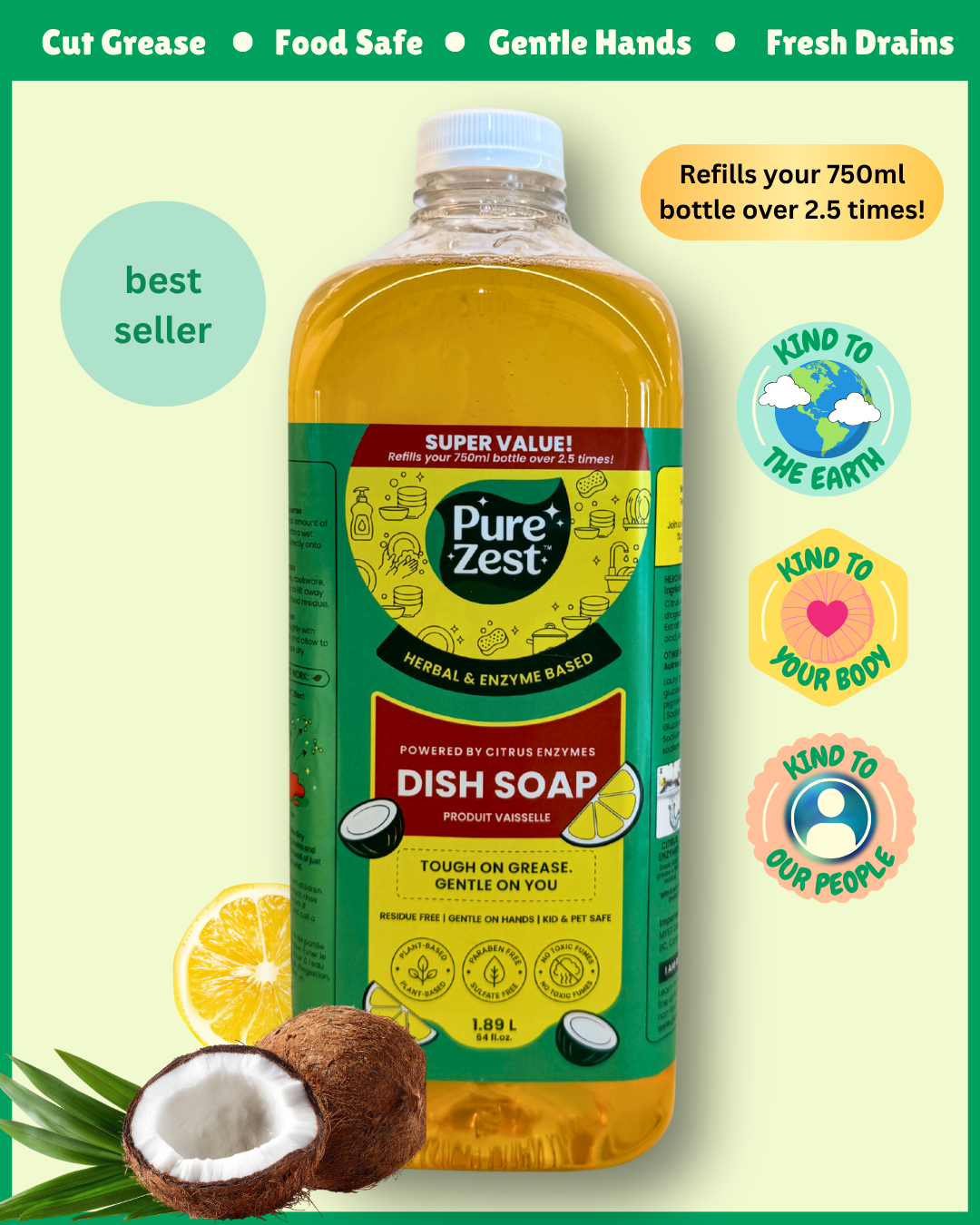 PUREZEST Enzyme Dish Soap Refill – 1.9L Bulk Value Pack | Natural, Eco-Friendly, Tough On Grease & Keeps Drains Fresh