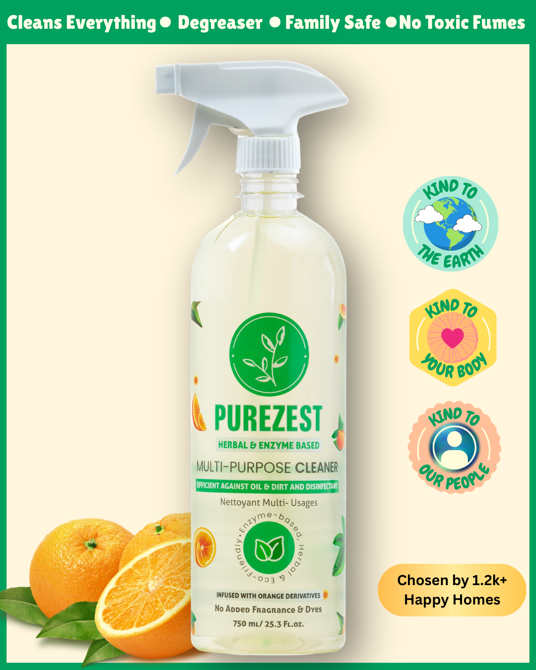 750ml spray bottle of PUREZEST Herbal & Enzyme Based Multi-Purpose Cleaner. Natural degreaser and disinfectant displayed with fresh oranges and leaves. Features text highlighting it cleans everything, is family safe, produces no toxic fumes, and eco-friendly badges.