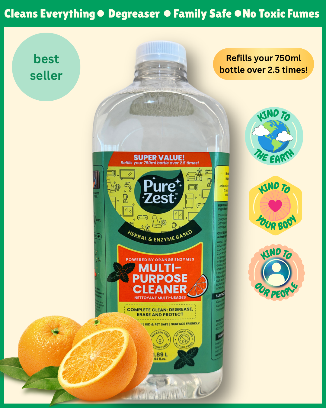 PUREZEST Multi-Purpose Cleaner Refill – 1.9L Bulk Value Pack | Enzyme-Based, Natural, Long-Lasting Protection Up To 48 Hours