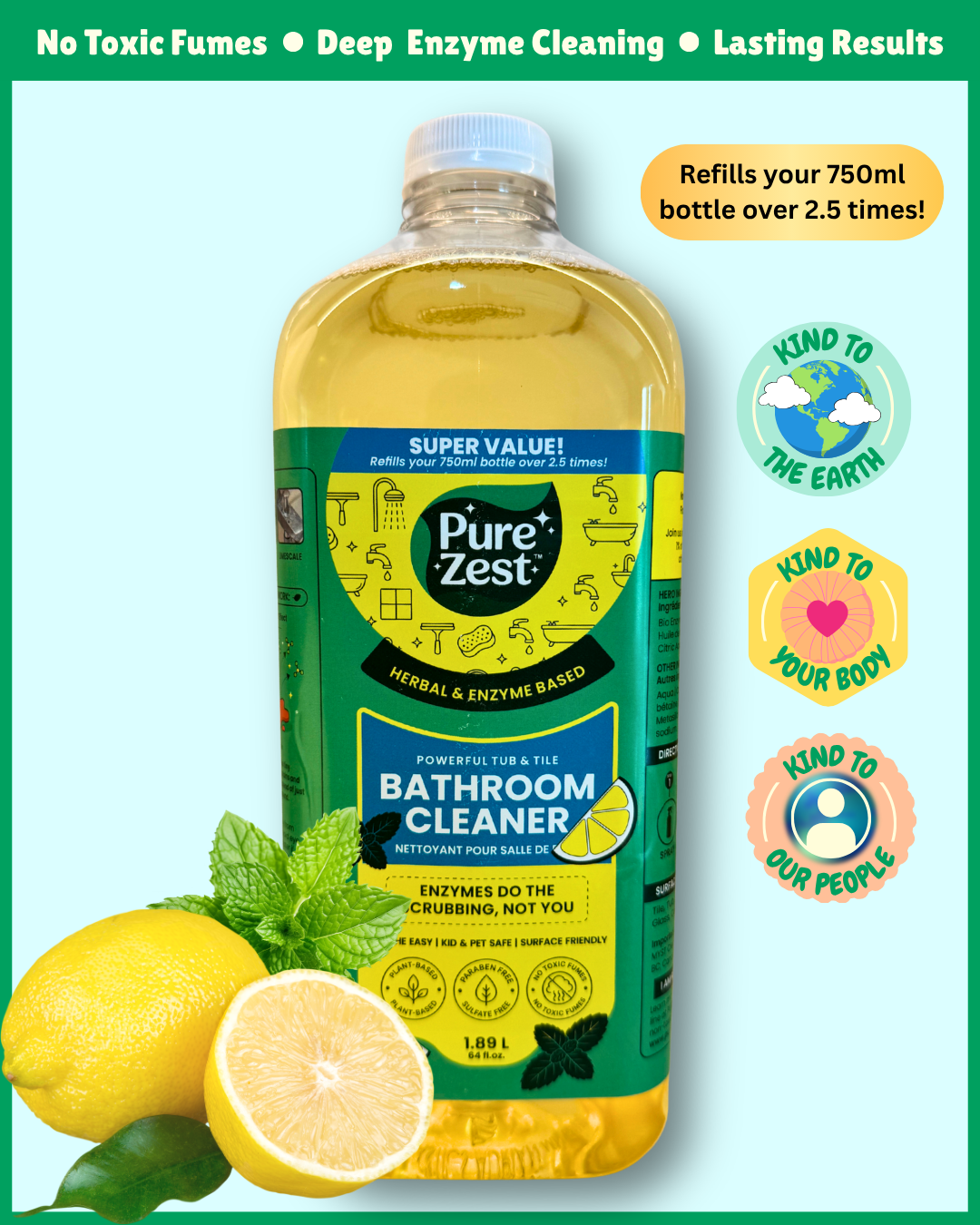 PUREZEST Bathroom Cleaner Refill – 1.9L Bulk Value Pack | Natural Enzyme Formula, Eco-Friendly, Tough on Soap Scum & Grime