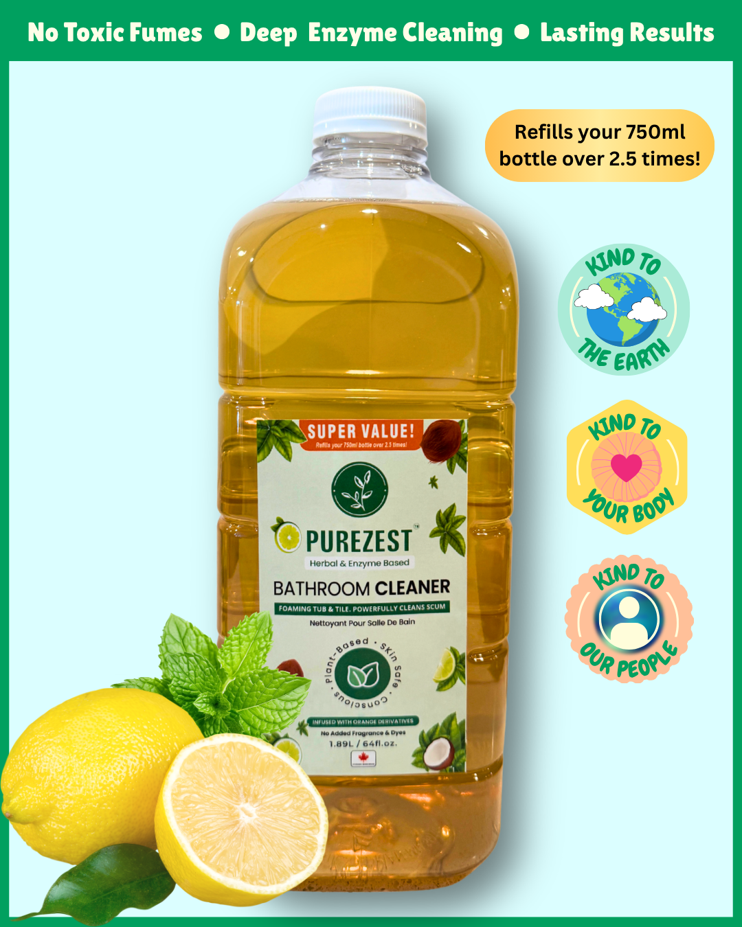 PUREZEST Bathroom Cleaner Refill – 1.9L Bulk Value Pack | Natural Enzyme Formula, Eco-Friendly, Tough on Soap Scum & Grime