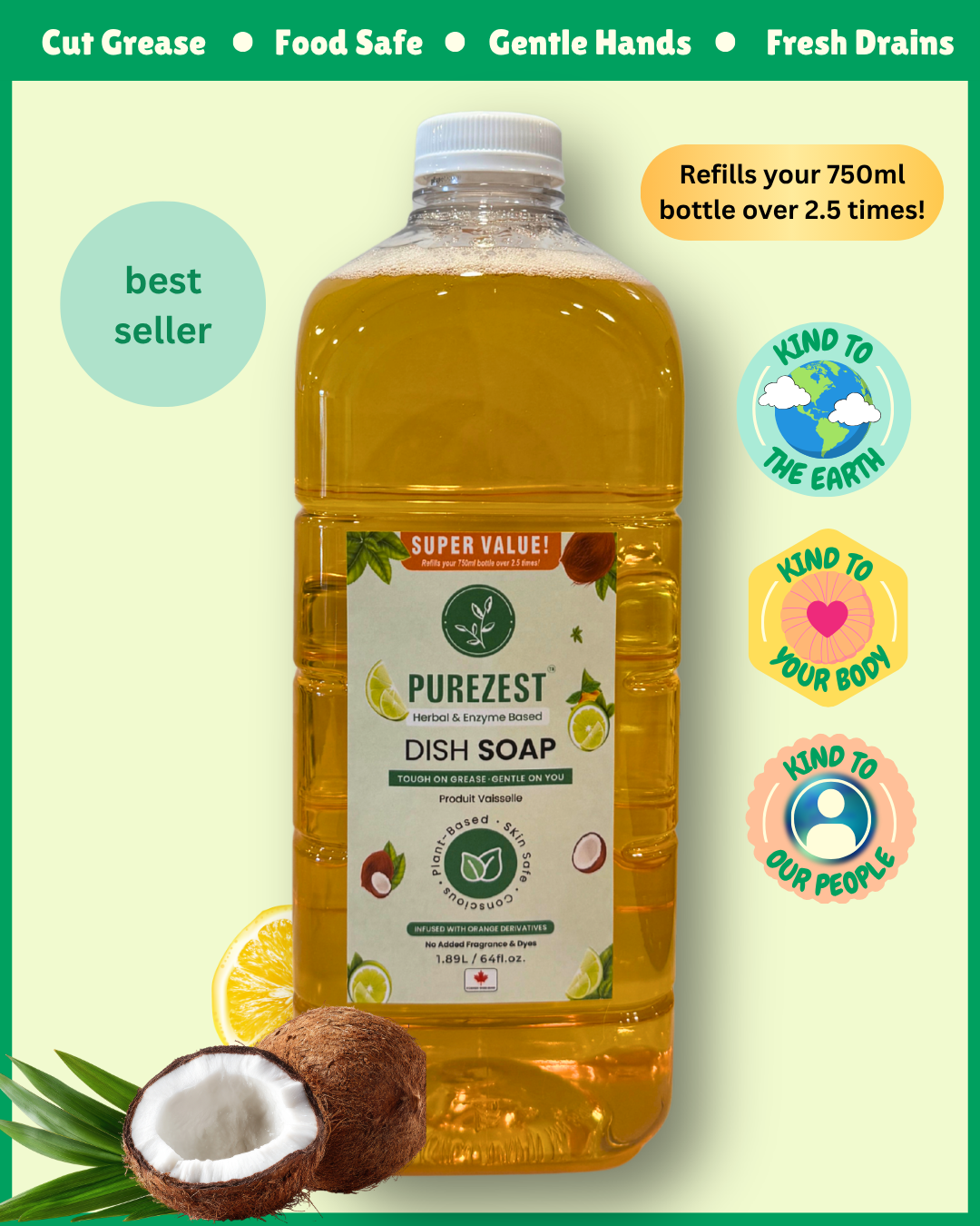 PUREZEST Enzyme Dish Soap Refill – 1.9L Bulk Value Pack | Natural, Eco-Friendly, Tough On Grease & Keeps Drains Fresh