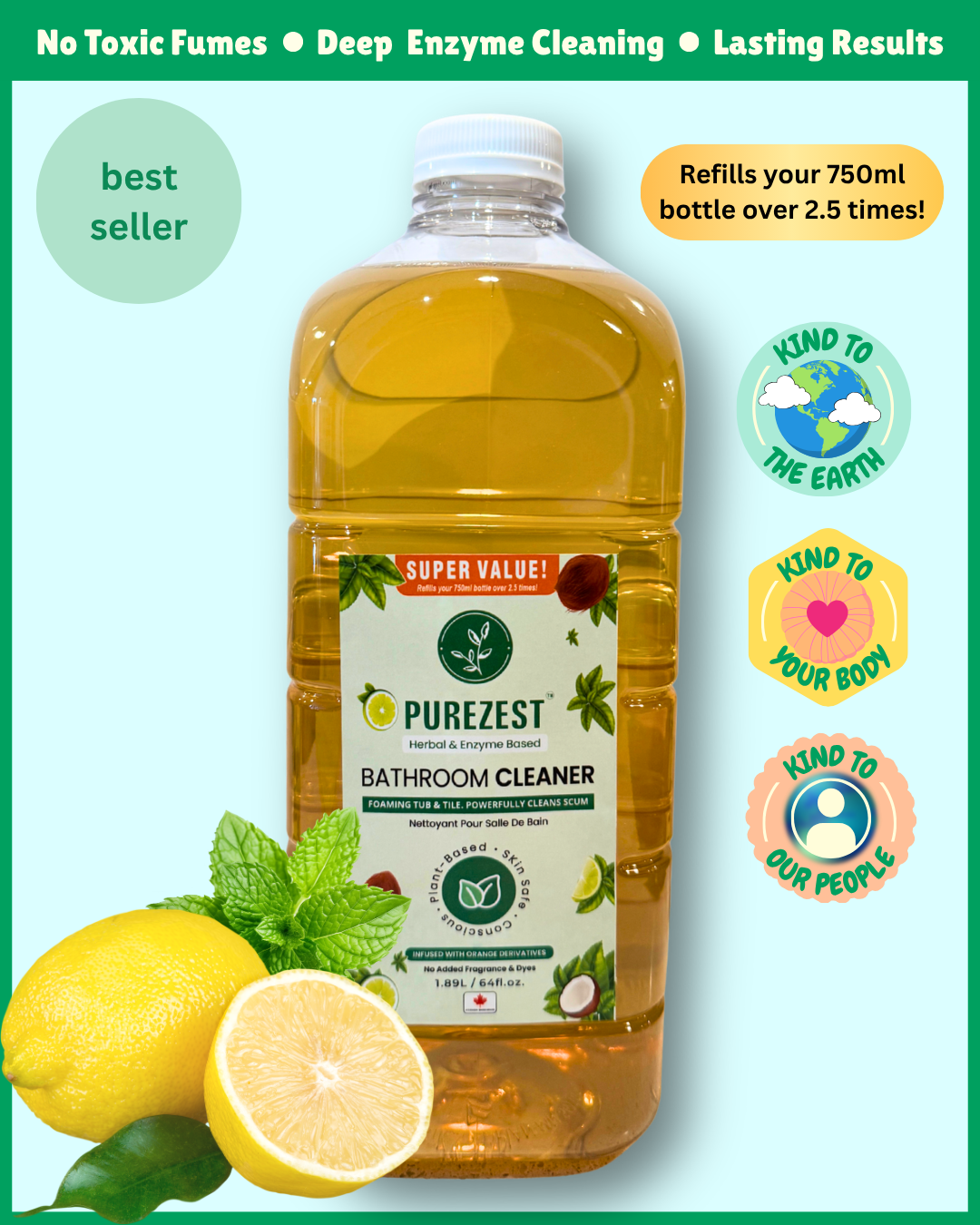 PUREZEST Bathroom Cleaner Refill – 1.9L Bulk Value Pack | Natural Enzyme Formula, Eco-Friendly, Tough on Soap Scum & Grime