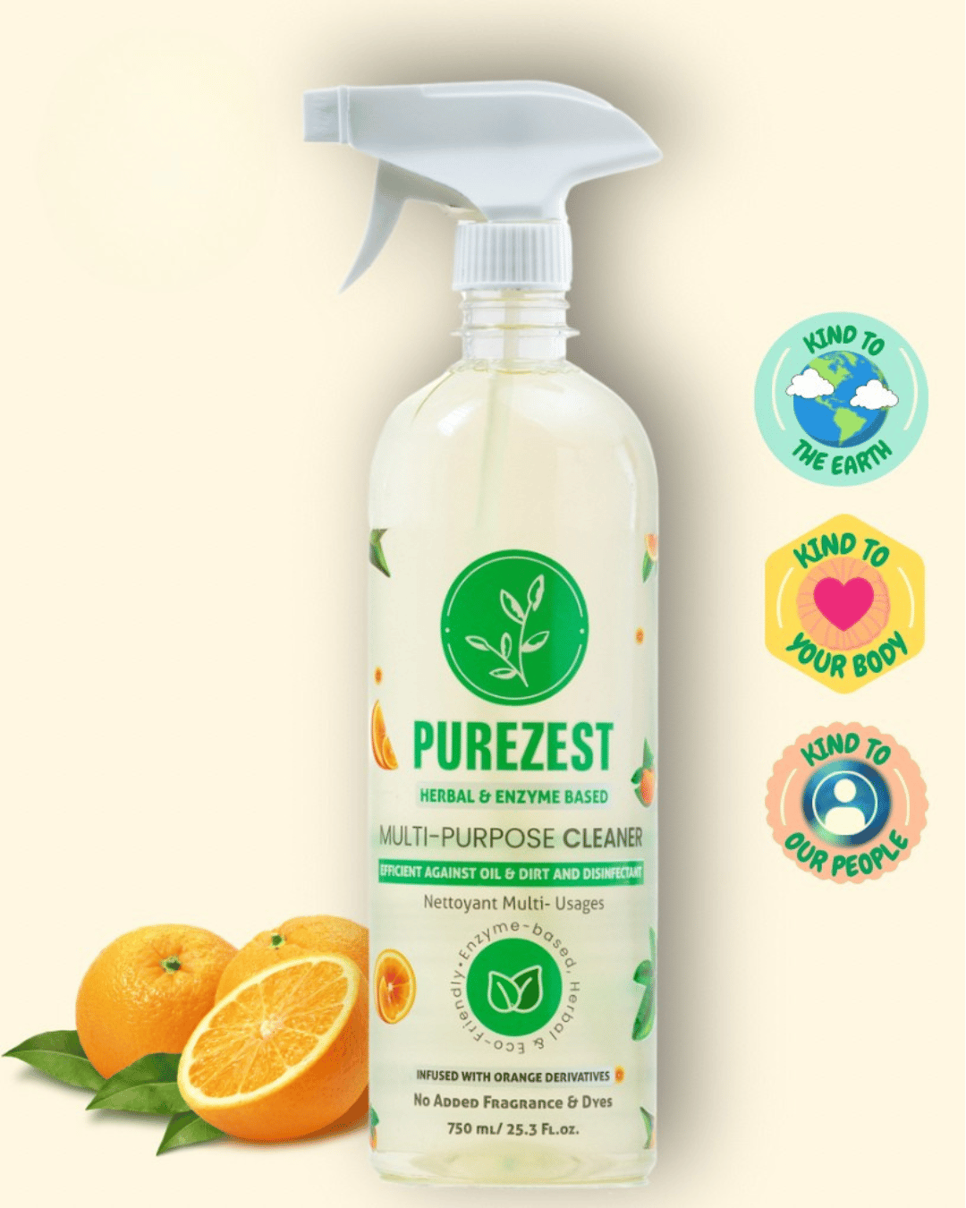 Bottle of Purezest multi-purpose cleaner with oranges and green leaves on a beige background