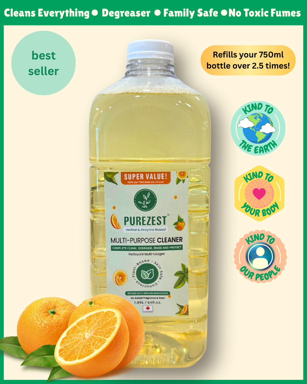 PUREZEST Multi-Purpose Cleaner Refill – 1.9L Bulk Value Pack | Enzyme-Based, Natural, Long-Lasting Protection Up To 48 Hours