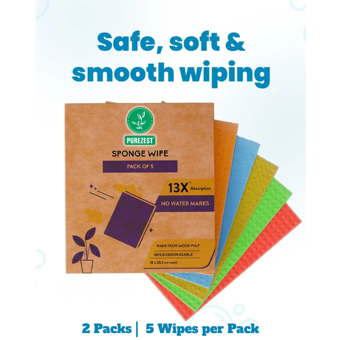 PUREZEST 100% Biodegradable Sponge Wipes | Super Absorbent & Quick-Dry | Made from Wood Pulp | Eco-Friendly, Scratch-Free, Reusable Kitchen Cloth for Multi-Surface Cleaning | 5 Wipes x Pack of 2