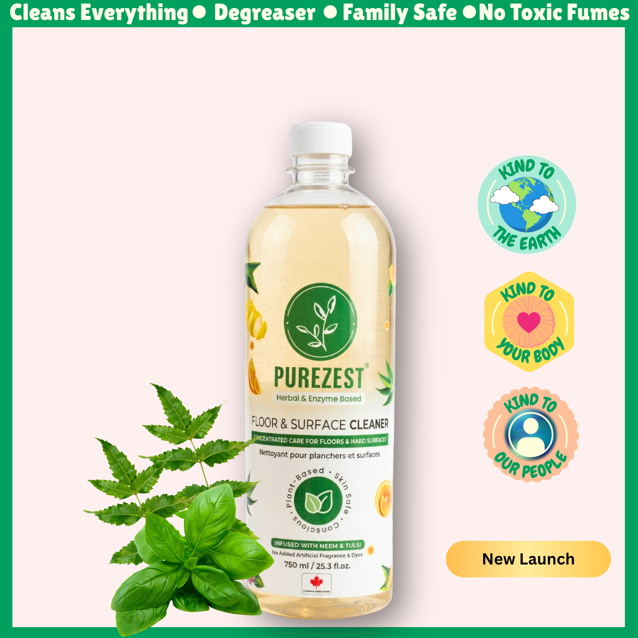 PureZest plant-based floor and surface cleaner concentrate, 750 mL, infused with neem and tulsi, shown with fresh basil and neem leaves