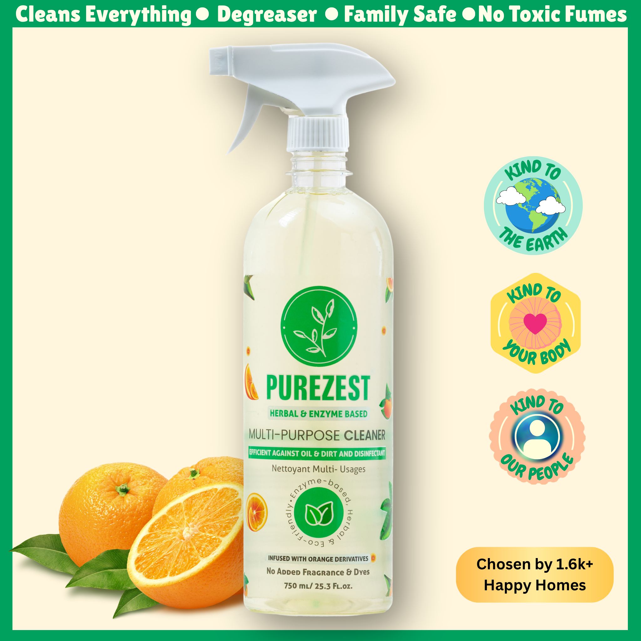 PureZest herbal and enzyme-based multi-purpose cleaner spray, 750 mL, infused with orange, shown with fresh orange halves