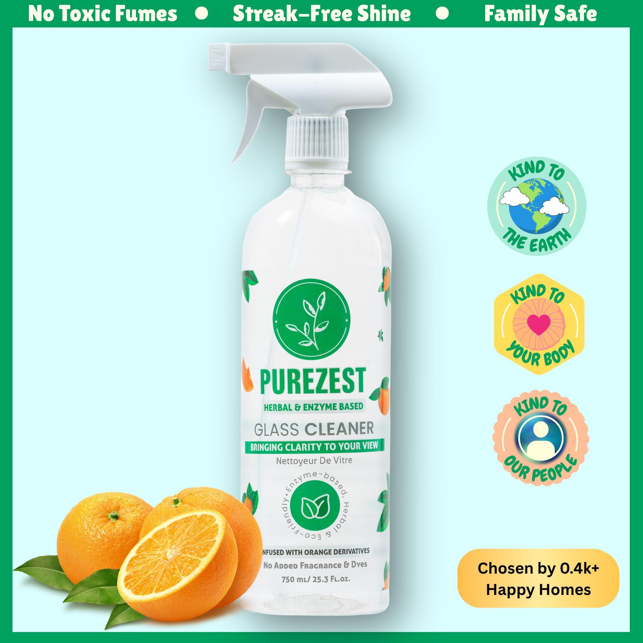 PUREZEST Glass Cleaner – Natural Enzyme Formula, Streak-Free, Eco-Friendly (750ml)
